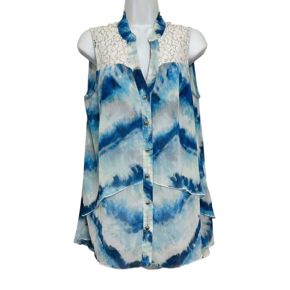 Zac & Rachel Blue White Button Up Sheer Sleeveless Lace Top Size XL